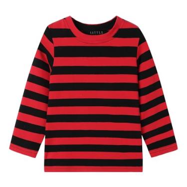 Imagem de LittleSpring Camiseta infantil listrada de algodão manga comprida gola redonda 2-12 anos, Preto e vermelho, 10-12