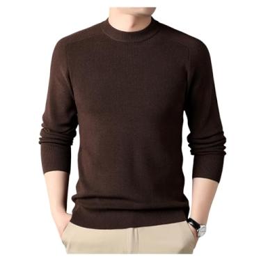 Imagem de Camisa masculina de malha de cor sólida gola rolê fina suéter justo pulôver inferior, Café, M