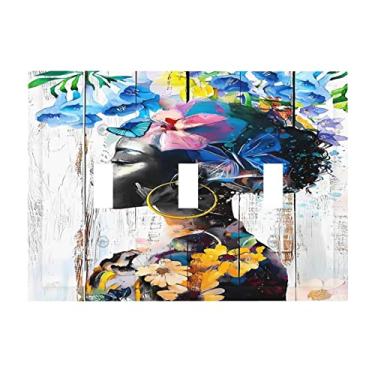 Imagem de Capa de interruptor de luz com 3 interruptores de luz para mulheres afro-americanas com flor de casa de fazenda tripla placa decorativa interruptor elétrico para banheiro, quarto, decoração de casa