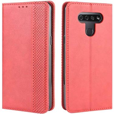 Imagem de Capa para LG Stylo 6, capa para LG K71, carteira retrô de couro PU à prova de choque com compartimento para cartão e fecho magnético para LG Stylo 6 (vermelha)