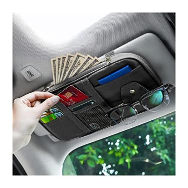 Imagem de AUCELI Organizador de viseira de sol para carro, estojo de couro PU para registro de documentos com vários bolsos para chave de caneta, suporte de óculos de sol, bolsa de armazenamento com zíper, acessórios universais para caminhões automotivos