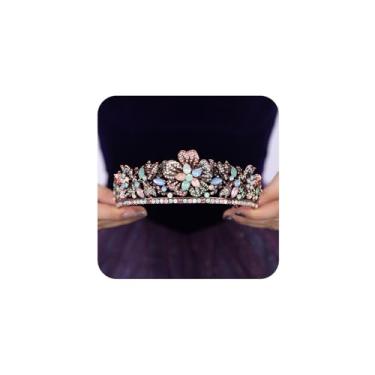 Imagem de Teyglen Tiara de coroa de rainha barroca vintage flor coroa de cristal ouro strass princesa tiara acessórios de cabelo para mulheres concurso festa brithday, Free size, Strass, Sem Pedra Preciosa