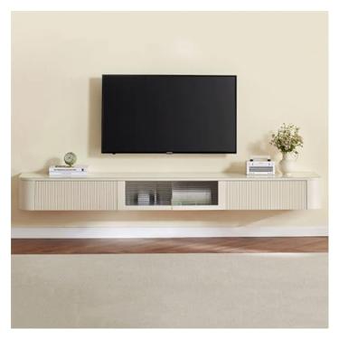 Imagem de Armário de TV montado na parede, moderno, flutuante, com 2 gavetas, prateleira aberta e porta montada na parede, centro de entretenimento de madeira para TVs, console de TV resistente para decoração