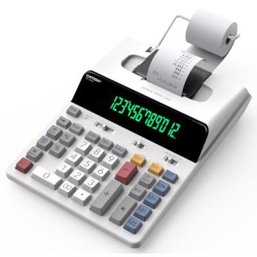 Imagem de CATIGA Calculadora de impressão térmica de 12 dígitos com impressão em fita, máquina de adição sem tinta, 3x mais rápida a 8,0 LPS, visor fluorescente extragrande, cálculo de impostos com relógio e