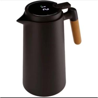 Imagem de Garrafa Térmica PRETA de Plástico com Cabo de madeira, Display digital, 1 litro, perfeita para café e chá e Termômetro digital