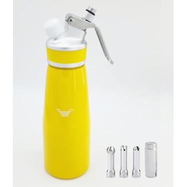 Imagem de TFORESTER Dispensador de chantilly – Corpo de aço inoxidável, cores vibrantes com 3 bocais para sobremesas, café e mais (amarelo, 500 ml)