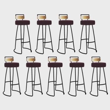 Imagem de Kit 09 Banqueta Alta Alice Bar Balcão Cozinha Com Encosto Madeira Ferro Preto Suede Bordô - Ahz Móveis