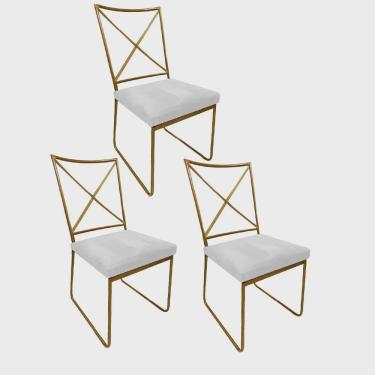 Imagem de Kit 03 Cadeiras Sala de Jantar Escritório Office Clark Industrial Ferro Dourado Suede Branco - Ahz Móveis