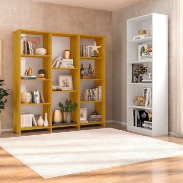 Imagem de Conjunto com 1 Estante Livreiro 11 Nichos Odelia e 1 Estante Multiuso 5 Nichos Montreal Freijó/Branco