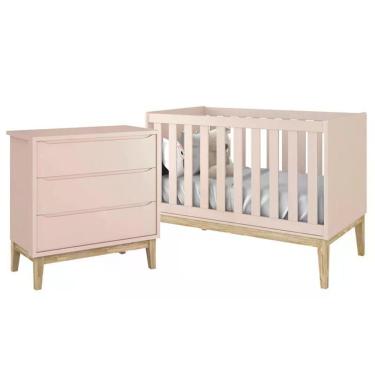 Imagem de Jogo De Quarto Classic Cômoda 3 Gavetas E Berço Rosa Fosco Com Pés Madeira Natural - Reller Móveis Rosa Fosco