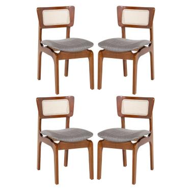 Imagem de Kit 4 Cadeiras De Jantar Portugal Madeira Imbuia Com Encosto Tela Rattan Linho Cinza L55