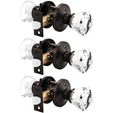 Imagem de Orger Maçanetas de porta de cristal de diamante facetado, maçanetas interiores de privacidade para cama/banheiro com trava de pino, maçaneta de vidro transparente com base de liga de zinco bronze