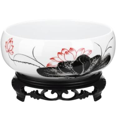 Imagem de Yardwe Tigela de cerâmica, vaso hidropônico de lírio d'água com suporte, tigela de lótus para plantação de cacto, recipiente de plantas decorativas para casa, escritório, jardim