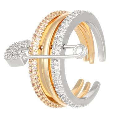 Imagem de Anéis abertos empilháveis com pino de segurança CZ em camadas para mulheres, moderno, banhado a ouro, prata, dois tons, zircônia cúbica, pavimentada, noivado, compromisso, anéis, design exclusivo