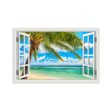 Imagem de Quadro Parede Janela Falsa-Impressões em Tela Paisagens-Palm Tree Beach Sea-Natureza Arte Pinturas Decoração Sala de Estar 30x50cm-12x19in Sem Moldura