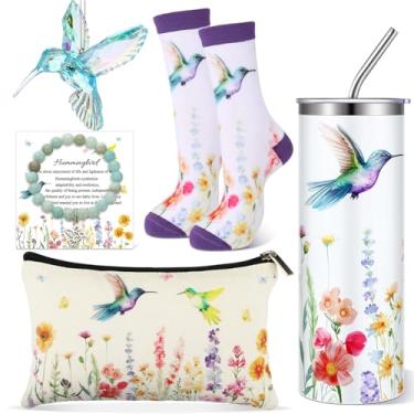 Imagem de Patelai Conjunto de 5 peças de presente de beija-flor para mulheres, bolsa de maquiagem de beija-flor, copo de 590 ml, com palha, novidade, meias, ornamentos de acrílico, pulseira inspiradora