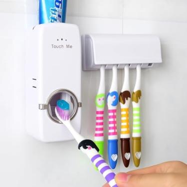 Imagem de Dispenser Automático de Pasta de Dente com Porta Escovas para 5 Unidades – Sistema por Pressão sem Pilhas, Suporte Adesivo Fácil de Instalar, Econômico, Higiênico e Ideal para Banheiros Modernos
