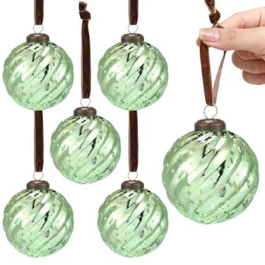 Imagem de Threan 6 peças de enfeites de Natal grandes vintage de vidro de mercúrio 8 cm enfeites de bola de Natal pendurados em relevo antigo para decoração de guirlanda de árvore de Natal (verde, torcida)