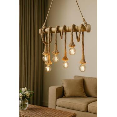 Imagem de Lustre Pendente Rústico com Corda e Bambu Com 6 Lâmpada de LED Soquetes E27 para Sala, Cozinha, Área Gourmet Decoração de Ambiente Retrô Vintage - SHACK