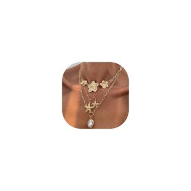Imagem de Colar com pingente boho banhado a ouro, multicamadas, empilhável, ajustável, flor, concha de peixe, estrela-do-mar, pingente de pérola barroca, dourado, colar com pingente de sol prateado, joia de