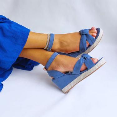 Imagem de Sandália Salto Feminino Nó Anabela Plataforma Fivela - Lushoes, Azul, 