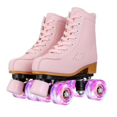 Imagem de Gets Patins femininos com rodas iluminadas, couro artificial ajustável, fileira dupla, 4 rodas, patins brilhantes para adolescentes, adulto-rosa, 39