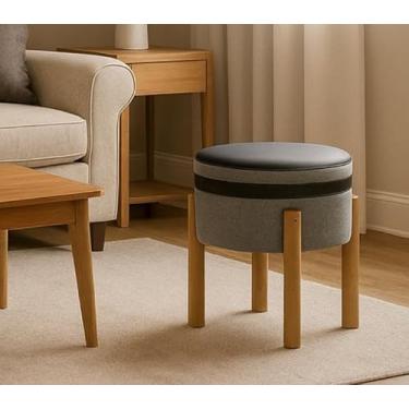 Imagem de Puff Banqueta Redondo Banco Pufe Assento Macio em Courino Tecido Linho Decorativo para Sala Escritório Apartamento Soft Évora Pés em Madeira - Cinza