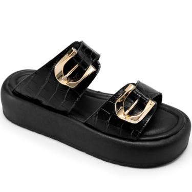 Imagem de Sandália Flatform Feminina Lumiss Croco Fivelas Dourada Confortável preto35