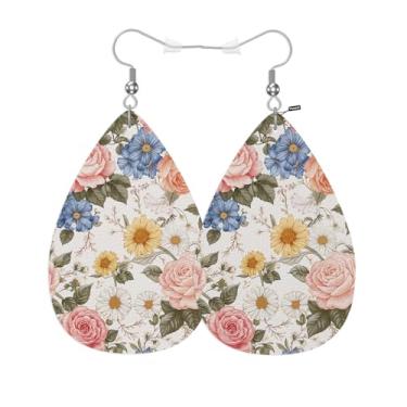Imagem de Vosach Brincos de gota de couro floral colorido bonito margarida camomila rosa flor selvagem trompete folhas couro falso gota de água brincos joias para mulheres meninas casamento