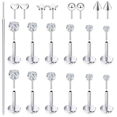 Imagem de Msndnkwo Brincos de nariz sem rosca CZ para mulheres e homens 316L aço cirúrgico push in flat back brincos CZ labret lábio nariz narina tragus helix piercing joias hipoalergênico 20G 18G 16G, Metal