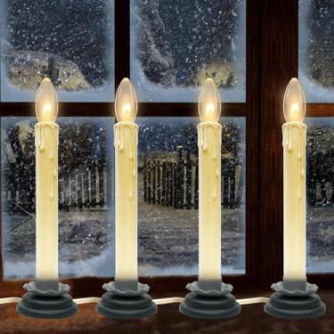 Imagem de Candeeiros elétricos de vela de 17 cm, velas de Natal com lâmpadas C26 de 7 W, base de ferro ameixa de madeira preta, fio marfim de 1,5 m com interruptor liga/desliga para mesa de festa interna e