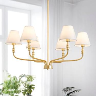 Imagem de Saint Mossi Lustre dourado para sala de jantar, luminária pendente moderna para sala de estar, entrada, 6 luzes com persianas de tecido branco, H40 x D30 x L30