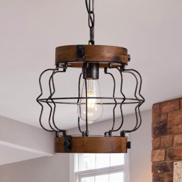 Imagem de Luminárias pendentes rústicas, lustre de casa de fazenda, lustre industrial vintage de metal e madeira para cozinha, ilha, hall de entrada, corredor, bar, sala de jantar, D 26 cm x A 26 cm