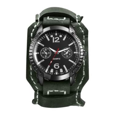 Imagem de JewelryWe Relógio masculino de couro Steampunk – Relógio analógico de quartzo gótico triplo, submostrador largo, pulseira de couro legítimo ajustável, relógio de pulso para Halloween, Verde, relógio