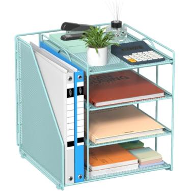 Imagem de Becomrock Organizador de arquivos de mesa e acessórios, organizador de papel de 4 camadas com suporte de arquivo vertical, acessórios de mesa de escritório e organizadores de espaço de trabalho e