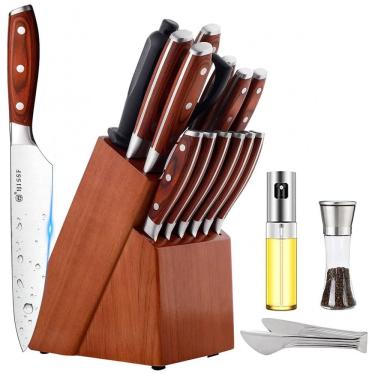 Imagem de Conjunto de Facas em Aço Inoxidável de Alto Carbono com Bloco de Bancada, 18 Peças, HISSF, Marrom