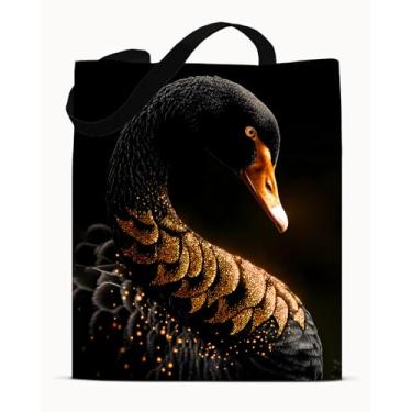 Imagem de Bolsa de ombro preta e dourada com estampa de animal - Cisne de lona estética - bolsa de ombro preta dourada moderna reutilizável para compras, trabalho, viagem, praia