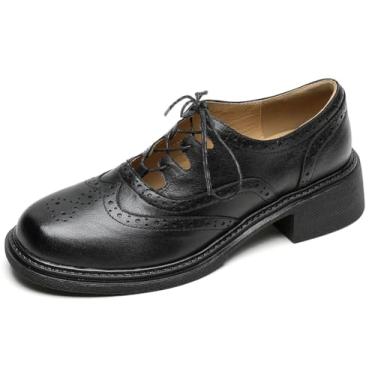Imagem de U-lite Mocassim feminino Oxfords Wingtip perfurado couro macio vintage bico fechado Brogue elegante escritório comercial, Preto 1, 37