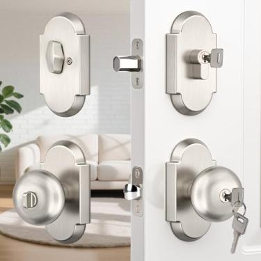 Imagem de BonKuDoo Maçaneta de porta externa com fecho, maçanetas de porta de entrada com chave e chaves, conjunto de fechadura frontal de níquel acetinado com fechadura de cilindro único