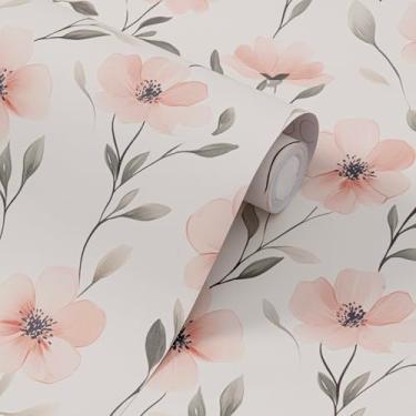Imagem de FUKU MON Papel de parede floral rosa vintage papel de contato boho rosa flor bege papel de parede para armários à prova d'água autoadesivo removível papel de parede decoração para quarto vinil 39.9 cm