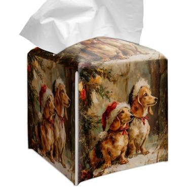 Imagem de Grace Yonks Capa quadrada de caixa de lenços de Natal, Dachshunds com chapéus de Papai Noel, capa de cubo para lenços faciais, couro PU de 13,2 cm. (103)