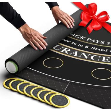 Imagem de Newverest Tapete de Blackjack 177,8 cm x 76,2 cm - Topper de pôquer ideal para mesas dobráveis de 1,8 m e 2,4 m (76,2 cm de largura), Black Jack Casino para noites de jogos em casa, portátil com bolsa