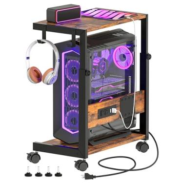 Imagem de Akxomel Suporte de torre de computador ajustável em altura com estação de carregamento, suporte de PC móvel de 2 níveis, suporte de CPU para carpete, suporte de impressora com ganchos, marrom rústico