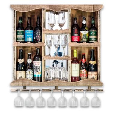 Imagem de Barzinho Adega de Parede em Madeira Maciça com Cristaleira Espelho e Porta Taças - Rústico