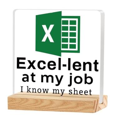 Imagem de Excel-Lent at My Job I Know My Sheet Placa de mesa engraçada decoração de mesa acrílica para escritório, casa, espaço de trabalho, base de madeira, presente bem-humorado para colegas de trabalho