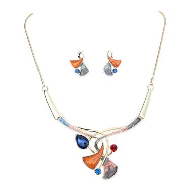 Imagem de Fenni Jewelry Conjunto de joias vintage de declaração com folhas, floral, boêmio, boêmio, colar de declaração, conjunto de brincos de cristal, Cristal Metal esmalte Cristal Metal, Cristal