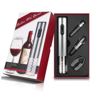 Imagem de Kit Abridor de Vinho Elétrico Automático Recarregável, Prata, 4 Peças, Kit com Cortador, Vertedor e Bomba de Vácuo, Sem Fio, LED Azul