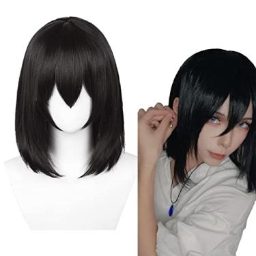 Imagem de Peruca Howl Black Bob 18"/46 cm para Howl's Moving Castle Cosplay Perucas sintéticas retas comprimento médio para festa diária de Halloween com boné