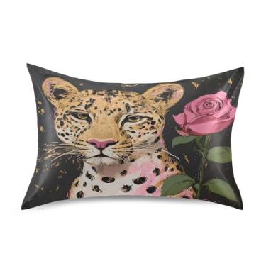 Imagem de JUZIHAI Fronha de almofada de cetim rosa leopardo para cabelo e pele, macia, respirável, com fecho de envelope, capa de travesseiro suave e refrescante, tamanho king size 50 x 101 cm