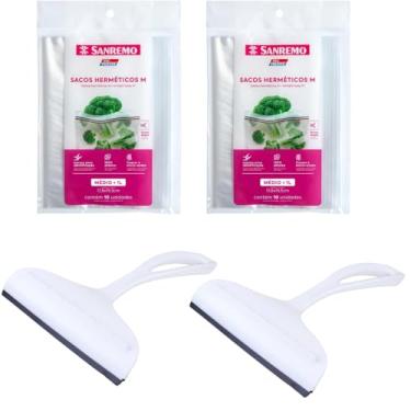 Imagem de Conjunto de 2 Rodo Plástico Multiuso Branco com Raspador 18cm + 2 Saco Abre e Fecha Hermético de 1 Litro